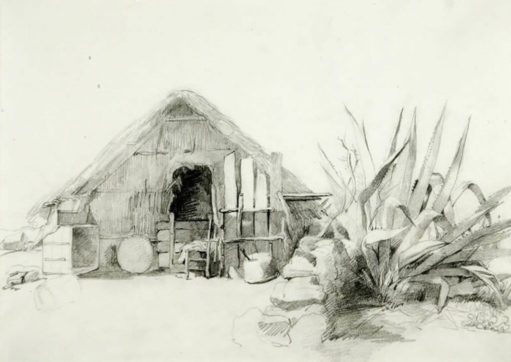 'Paillotte à La Réunion', dessin au crayon réalisé par Adèle Ferrand, legs d'Hervé de Kervéguen en 1922. Musée Léon Dierx.