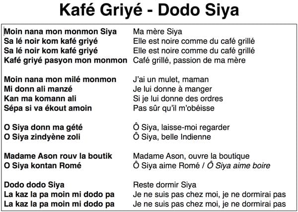 Graphie et traduction inspirées de « Viry 1976 », MCUR, page 16, 2005. Une autre version, tout à fait plausible, évoque un refrain différent : 'O Siya donne ma gété, Robe Siya zindyène zoli'. La robe de Siya est faite d'une belle toile indienne. Source : La Maison du Maloya.