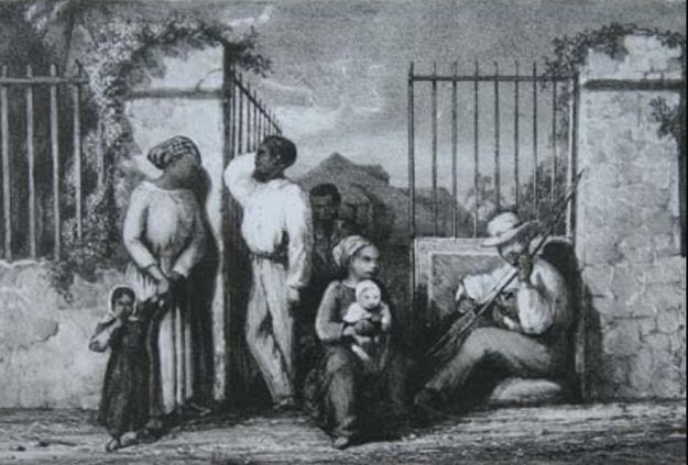 «Soirée» avec un joueur de bobre, lithographie extraite de l’album «Le soir», Martial Potémont, 1848.