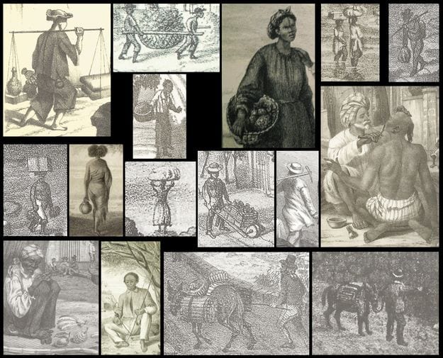 La rue fourmille de petits métiers. Extraits de lithographies d'Antoine Roussin.